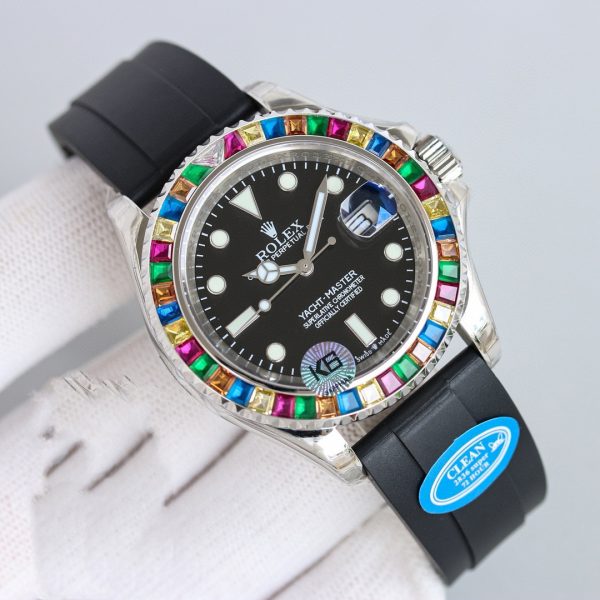 Clean Factory Rolex Yacht Master 40mm Black Dial Diamonds Bezel 904L Steel Case Oysterflex Rubber Strap 1:1 Best Edition 2836/3235 Movement