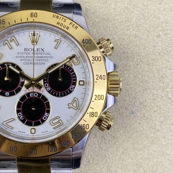 Clean Factory Rolex Daytona Chronograph White&Black Arabic Dial Yellow Gold Bezel Stainless Steel Case Two-Tone Bracelet 7750/4130 Movement